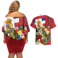 Hawaii And Tonga Couples Matching Off Shoulder Short Dress and Hawaiian Shirt King Kalakaua Tribal Gecko Tongan Ngatu LT14 - Polynesian Pride