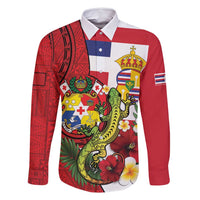 Hawaii And Tonga Family Matching Off Shoulder Short Dress and Hawaiian Shirt King Kalakaua Tribal Gecko Tongan Ngatu LT14 Dad's Shirt - Long Sleeve Red - Polynesian Pride