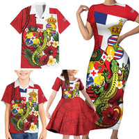 Hawaii And Tonga Family Matching Short Sleeve Bodycon Dress and Hawaiian Shirt King Kalakaua Tribal Gecko Tongan Ngatu