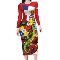 Hawaii And Tonga Long Sleeve Bodycon Dress King Kalakaua Tribal Gecko Tongan Ngatu LT14 Long Dress Red - Polynesian Pride