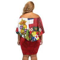 Hawaii And Tonga Off Shoulder Short Dress King Kalakaua Tribal Gecko Tongan Ngatu LT14 - Polynesian Pride