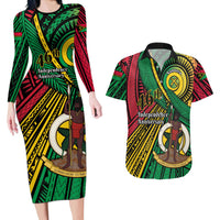 Halo Vanuatu Couples Matching Long Sleeve Bodycon Dress and Hawaiian Shirt Happy 45th Independence Anniversary LT14 Black - Polynesian Pride
