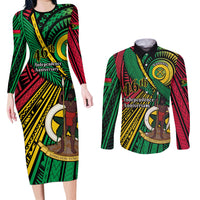 Halo Vanuatu Couples Matching Long Sleeve Bodycon Dress and Long Sleeve Button Shirt Happy 45th Independence Anniversary LT14 Black - Polynesian Pride
