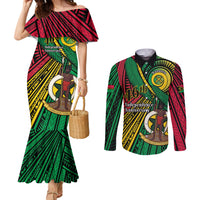 Halo Vanuatu Couples Matching Mermaid Dress and Long Sleeve Button Shirt Happy 45th Independence Anniversary LT14 Black - Polynesian Pride