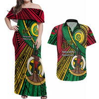 Halo Vanuatu Couples Matching Off Shoulder Maxi Dress and Hawaiian Shirt Happy 45th Independence Anniversary LT14 Black - Polynesian Pride