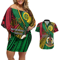Halo Vanuatu Couples Matching Off Shoulder Short Dress and Hawaiian Shirt Happy 45th Independence Anniversary LT14 Black - Polynesian Pride