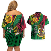 Halo Vanuatu Couples Matching Off Shoulder Short Dress and Hawaiian Shirt Happy 45th Independence Anniversary LT14 - Polynesian Pride