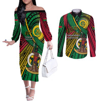 Halo Vanuatu Couples Matching Off The Shoulder Long Sleeve Dress and Long Sleeve Button Shirt Happy 45th Independence Anniversary LT14 Black - Polynesian Pride