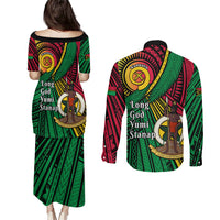 Halo Vanuatu Couples Matching Puletasi and Long Sleeve Button Shirt Happy 45th Independence Anniversary
