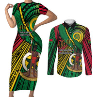 Halo Vanuatu Couples Matching Short Sleeve Bodycon Dress and Long Sleeve Button Shirt Happy 45th Independence Anniversary LT14 Black - Polynesian Pride