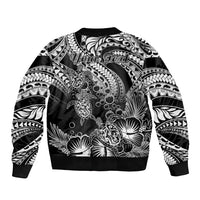 Personalised Polynesian Sleeve Zip Bomber Jacket Tribal Honu Turtle with Hibiscus White Version LT14 - Polynesian Pride