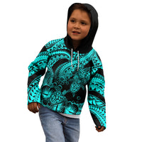 Personalised Polynesian Kid Hoodie Tribal Honu Turtle with Hibiscus Turquoise Version LT14 - Polynesian Pride