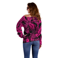 Personalised Polynesian Off Shoulder Sweater Tribal Honu Turtle with Hibiscus Pink Version LT14 - Polynesian Pride