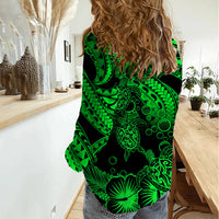 Personalised Polynesian Women Casual Shirt Tribal Honu Turtle with Hibiscus Green Version LT14 - Polynesian Pride