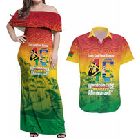 Vanuatu Indipendens Dei Couples Matching Off Shoulder Maxi Dress and Hawaiian Shirt Yumi 46th Independence Anniversary LT14 Reggae - Polynesian Pride