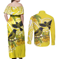 Bellbird New Zealand Couples Matching Off Shoulder Maxi Dress and Long Sleeve Button Shirt Korimako Kowhai Maori Pattern LT14 - Polynesian Pride