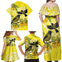 Bellbird New Zealand Family Matching Off Shoulder Maxi Dress and Hawaiian Shirt Korimako Kowhai Maori Pattern LT14 - Polynesian Pride