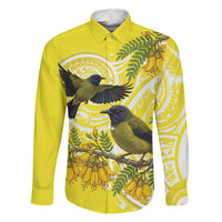 Bellbird New Zealand Family Matching Off Shoulder Maxi Dress and Hawaiian Shirt Korimako Kowhai Maori Pattern LT14 Dad's Shirt - Long Sleeve Yellow - Polynesian Pride