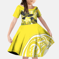 Bellbird New Zealand Family Matching Short Sleeve Bodycon Dress and Hawaiian Shirt Korimako Kowhai Maori Pattern LT14 Daughter's Dress Yellow - Polynesian Pride