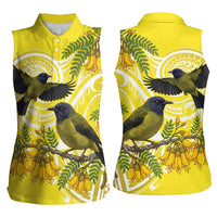Bellbird New Zealand Women Sleeveless Polo Shirt Korimako Kowhai Maori Pattern LT14 - Polynesian Pride