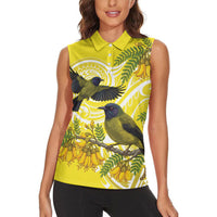 Bellbird New Zealand Women Sleeveless Polo Shirt Korimako Kowhai Maori Pattern LT14 - Polynesian Pride