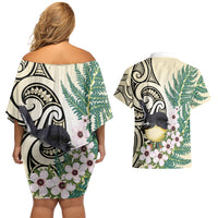Endemic Tomtit New Zealand Couples Matching Off Shoulder Short Dress and Hawaiian Shirt Miromiro Manuka Silver Fern Maori Pattern LT14 - Polynesian Pride