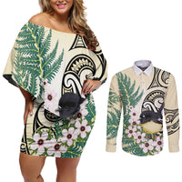 Endemic Tomtit New Zealand Couples Matching Off Shoulder Short Dress and Long Sleeve Button Shirt Miromiro Manuka Silver Fern Maori Pattern LT14 Cream - Polynesian Pride