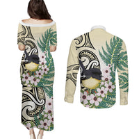 Endemic Tomtit New Zealand Couples Matching Puletasi and Long Sleeve Button Shirt Miromiro Manuka Silver Fern Maori Pattern LT14 - Polynesian Pride