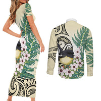 Endemic Tomtit New Zealand Couples Matching Short Sleeve Bodycon Dress and Long Sleeve Button Shirt Miromiro Manuka Silver Fern Maori Pattern LT14 - Polynesian Pride