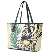 Endemic Tomtit New Zealand Leather Tote Bag Miromiro Manuka Silver Fern Maori Pattern