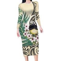 Endemic Tomtit New Zealand Long Sleeve Bodycon Dress Miromiro Manuka Silver Fern Maori Pattern LT14 Long Dress Cream - Polynesian Pride