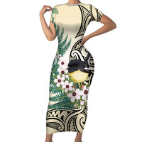 Endemic Tomtit New Zealand Short Sleeve Bodycon Dress Miromiro Manuka Silver Fern Maori Pattern LT14 Long Dress Cream - Polynesian Pride