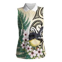 Endemic Tomtit New Zealand Women Sleeveless Polo Shirt Miromiro Manuka Silver Fern Maori Pattern LT14 Female Cream - Polynesian Pride