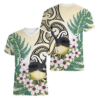 Endemic Tomtit New Zealand Women V-Neck T-Shirt Miromiro Manuka Silver Fern Maori Pattern LT14 - Polynesian Pride