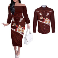 Oxblood Polynesia Couples Matching Off The Shoulder Long Sleeve Dress and Long Sleeve Button Shirt Tribal Pattern Tropical Frangipani