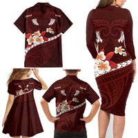 Oxblood Polynesia Family Matching Long Sleeve Bodycon Dress and Hawaiian Shirt Tribal Pattern Tropical Frangipani LT14 - Polynesian Pride