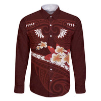 Oxblood Polynesia Family Matching Long Sleeve Bodycon Dress and Hawaiian Shirt Tribal Pattern Tropical Frangipani LT14 Dad's Shirt - Long Sleeve Oxblood - Polynesian Pride