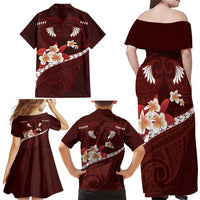 Oxblood Polynesia Family Matching Off Shoulder Maxi Dress and Hawaiian Shirt Tribal Pattern Tropical Frangipani LT14 - Polynesian Pride