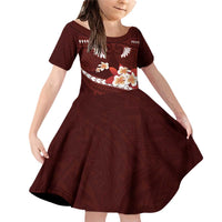Oxblood Polynesia Family Matching Off Shoulder Short Dress and Hawaiian Shirt Tribal Pattern Tropical Frangipani LT14 Daughter's Dress Oxblood - Polynesian Pride