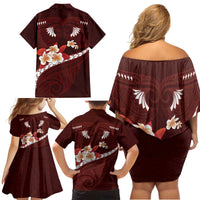 Oxblood Polynesia Family Matching Off Shoulder Short Dress and Hawaiian Shirt Tribal Pattern Tropical Frangipani LT14 - Polynesian Pride
