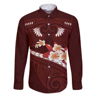 Oxblood Polynesia Family Matching Off Shoulder Short Dress and Hawaiian Shirt Tribal Pattern Tropical Frangipani LT14 Dad's Shirt - Long Sleeve Oxblood - Polynesian Pride