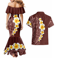 Oxblood Tropical Plumeria With Galaxy Polynesian Art Couples Matching Mermaid Dress and Hawaiian Shirt LT14 - Polynesian Pride