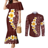 Oxblood Tropical Plumeria With Galaxy Polynesian Art Couples Matching Mermaid Dress and Long Sleeve Button Shirt LT14 Oxblood - Polynesian Pride