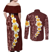 Oxblood Tropical Plumeria With Galaxy Polynesian Art Couples Matching Off Shoulder Maxi Dress and Long Sleeve Button Shirt LT14 - Polynesian Pride