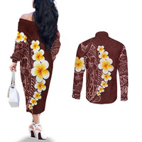 Oxblood Tropical Plumeria With Galaxy Polynesian Art Couples Matching Off The Shoulder Long Sleeve Dress and Long Sleeve Button Shirt LT14 - Polynesian Pride