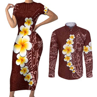 Oxblood Tropical Plumeria With Galaxy Polynesian Art Couples Matching Short Sleeve Bodycon Dress and Long Sleeve Button Shirt LT14 Oxblood - Polynesian Pride