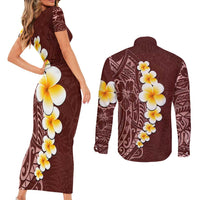 Oxblood Tropical Plumeria With Galaxy Polynesian Art Couples Matching Short Sleeve Bodycon Dress and Long Sleeve Button Shirt LT14 - Polynesian Pride