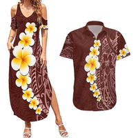 Oxblood Tropical Plumeria With Galaxy Polynesian Art Couples Matching Summer Maxi Dress and Hawaiian Shirt LT14 Oxblood - Polynesian Pride