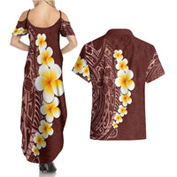 Oxblood Tropical Plumeria With Galaxy Polynesian Art Couples Matching Summer Maxi Dress and Hawaiian Shirt LT14 - Polynesian Pride