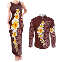 Oxblood Tropical Plumeria With Galaxy Polynesian Art Couples Matching Tank Maxi Dress and Long Sleeve Button Shirt LT14 Oxblood - Polynesian Pride